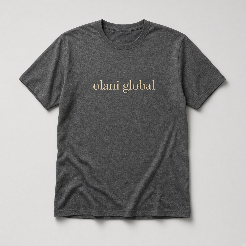 Charcoal Olani tee with gold olani global print